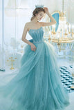 Blue Strapless Tulle Sequins Long Prom Dresses, Princess Evening Dresses HZ0429