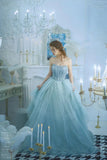 Blue Strapless Tulle Sequins Long Prom Dresses, Princess Evening Dresses HZ0429