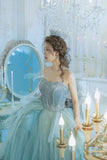 Blue Strapless Tulle Sequins Long Prom Dresses, Princess Evening Dresses HZ0429