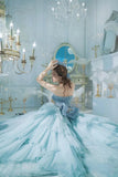 Blue Strapless Tulle Sequins Long Prom Dresses, Princess Evening Dresses HZ0429
