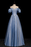 Cute Satin Long Prom Dresses, Blue Short Sleeve A-Line Evening Dresses HZ0429
