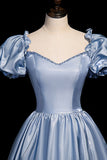 Cute Satin Long Prom Dresses, Blue Short Sleeve A-Line Evening Dresses HZ0429