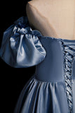 Cute Satin Long Prom Dresses, Blue Short Sleeve A-Line Evening Dresses HZ0429