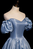 Cute Satin Long Prom Dresses, Blue Short Sleeve A-Line Evening Dresses HZ0429