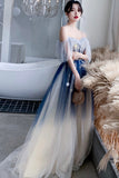 Blue Tulle Sequins Long Prom Dresses, A-Line Off the Shoulder Party Dresses HZ0429