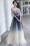 Blue Tulle Sequins Long Prom Dresses, A-Line Off the Shoulder Party Dresses HZ0429