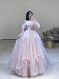 Pink Tulle Off Shoulder Long Formal Dress, Beautiful A-Line Pink Prom Dress HZ0429
