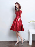 Burgundy Satin Lace Short Prom Dress, Burgundy Evening Party Dress HZ0429