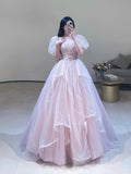 Pink Tulle Off Shoulder Long Formal Dress, Beautiful A-Line Pink Prom Dress HZ0429