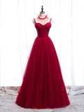 Red Spaghetti Strap Tulle Party Dress, Red Floor Length Prom Dress HZ0429