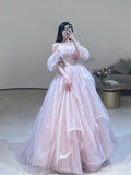 Pink Tulle Off Shoulder Long Formal Dress, Beautiful A-Line Pink Prom Dress HZ0429