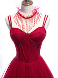 Red Spaghetti Strap Tulle Party Dress, Red Floor Length Prom Dress HZ0429