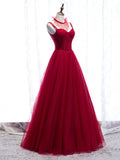 Red Spaghetti Strap Tulle Party Dress, Red Floor Length Prom Dress HZ0429