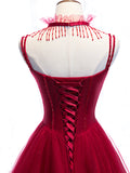 Red Spaghetti Strap Tulle Party Dress, Red Floor Length Prom Dress HZ0429