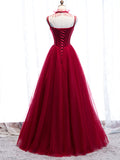 Red Spaghetti Strap Tulle Party Dress, Red Floor Length Prom Dress HZ0429
