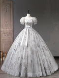 Gray Tulle Sequins Long Prom Dress, A-Line Short Sleeve Evening Dress HZ0429