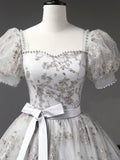 Gray Tulle Sequins Long Prom Dress, A-Line Short Sleeve Evening Dress HZ0429