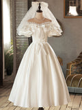 White Satin Lace Short Prom Dress, White Evening Dress, Wedding Dress HZ0429