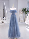 Blue Strapless Tulle Long Prom Dress, Blue A-Line Evening Dress HZ0429