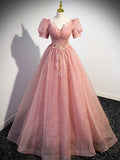 Pink Tulle Floor Length Prom Dress with Short Sleeve, Beautiful A-Line Evening Dress HZ0429