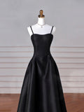 Black Spaghetti Strap Satin Long Prom Dress, Black A-Line Evening Dress HZ0429