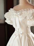 White Satin Lace Short Prom Dress, White Evening Dress, Wedding Dress HZ0429