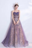 Purple Tulle Sequins Long Prom Dresses, A-Line Strapless Evening Dresses HZ0429