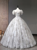 Gray Tulle Sequins Long Prom Dress, A-Line Short Sleeve Evening Dress HZ0429