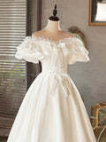 White Satin Lace Short Prom Dress, White Evening Dress, Wedding Dress HZ0429