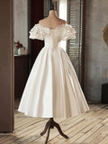 White Satin Lace Short Prom Dress, White Evening Dress, Wedding Dress HZ0429