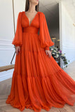 A-Line Chiffon Long Sleeve Prom Dress, Orange V-Neck Evening Dress HZ0429