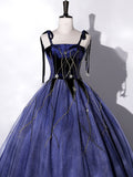 Blue Velvet Tulle Long Prom Dress, A-Line Evening Party Dress HZ0429