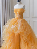Orange Tulle Lace Long High Low Prom Dress, A-Line Strapless Evening Dress HZ0429