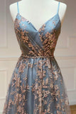 Grey Tulle Sequins Long Prom Dresses, A-Line Spaghetti Straps Evening Dresses HZ0429