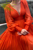 A-Line Chiffon Long Sleeve Prom Dress, Orange V-Neck Evening Dress HZ0429