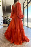 A-Line Chiffon Long Sleeve Prom Dress, Orange V-Neck Evening Dress HZ0429