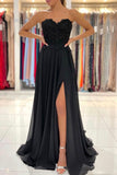 Black Chiffon Lace Long Prom Dresses, A-Line Strapless Evening Dresses HZ0429