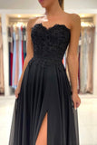 Black Chiffon Lace Long Prom Dresses, A-Line Strapless Evening Dresses HZ0429