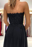 Black Chiffon Lace Long Prom Dresses, A-Line Strapless Evening Dresses HZ0429