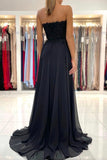 Black Chiffon Lace Long Prom Dresses, A-Line Strapless Evening Dresses HZ0429
