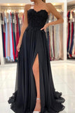 Black Chiffon Lace Long Prom Dresses, A-Line Strapless Evening Dresses HZ0429