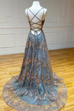 Grey Tulle Sequins Long Prom Dresses, A-Line Spaghetti Straps Evening Dresses HZ0429