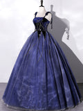 Blue Velvet Tulle Long Prom Dress, A-Line Evening Party Dress HZ0429