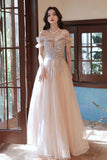 A-Line Tulle Sequins Long Prom Dress, Off the Shoulder Evening Dress HZ0429