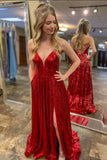 Red V-Neck Sequins Long Prom Dresses, A-Line Backless Evening Dresses HZ0429