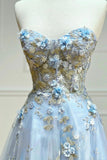 Blue Tulle Appliques Long Prom Dresses, A-Line Strapless Evening Dresses HZ0429