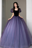 Purple Tulle Short Sleeve Formal Dress, Cute A-Line Evening Dress HZ0429