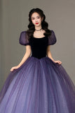 Purple Tulle Short Sleeve Formal Dress, Cute A-Line Evening Dress HZ0429