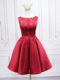 Burgundy Satin Lace Short Prom Dress, A-Line Homecoming Dress HZ0429