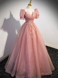 Pink Tulle Floor Length Prom Dress with Short Sleeve, Beautiful A-Line Evening Dress HZ0429